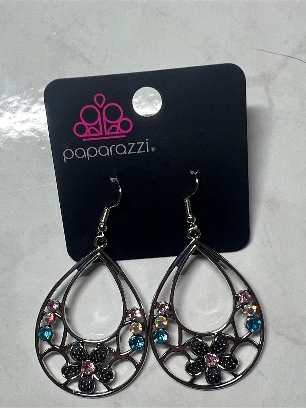 Paparazzi Silver Teardrop Earrings with Pink and Blue Crystals